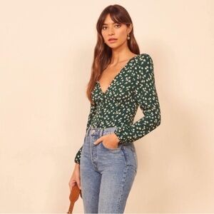 Reformation Green Fitted Long Sleeve Nell Top